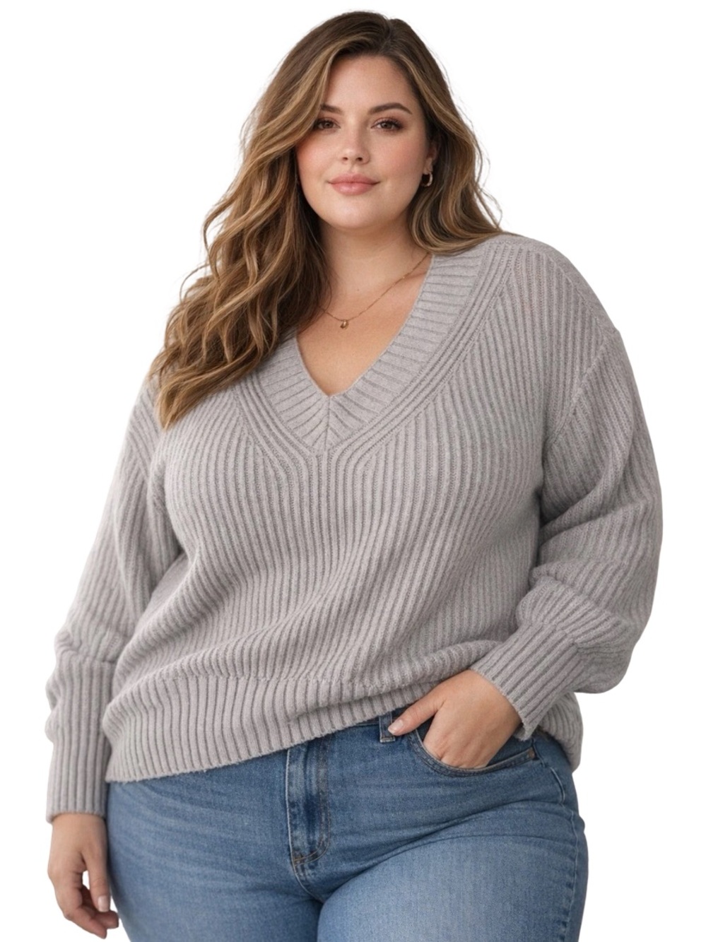 Saks Fith Ave, Cozy, Oversized, Cropped V-Neck Ribbed Pullover Sweater Grey  XL